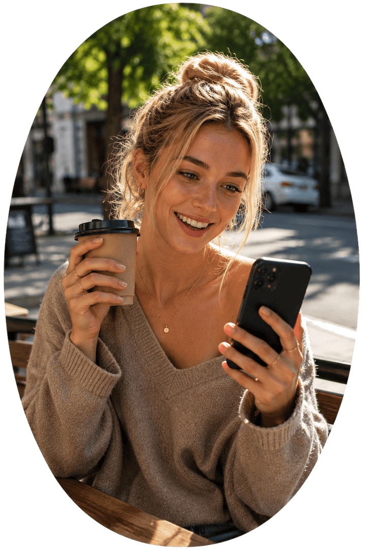 An oval portrait of a smiling young blonde woman sitting at an outdoor cafe, holding a coffee cup while browsing a live video chat app on her smartphone