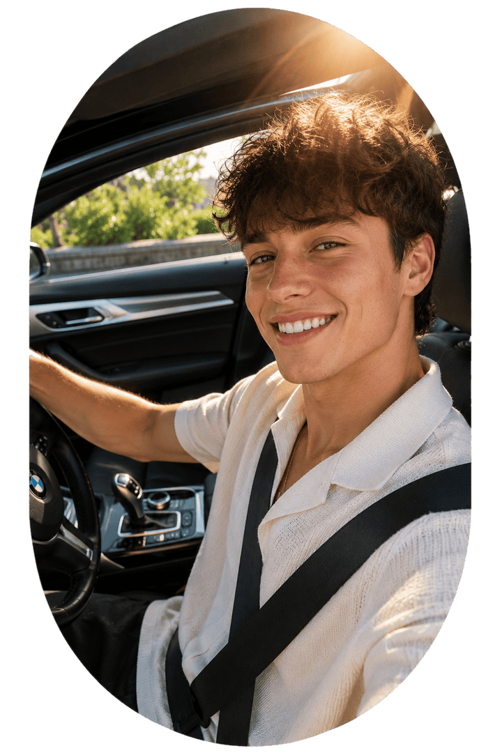 A close-up oval photo of a cheerful young man driving a car, presenting a vibrant and authentic user profile image for an online dating and matchmaking app