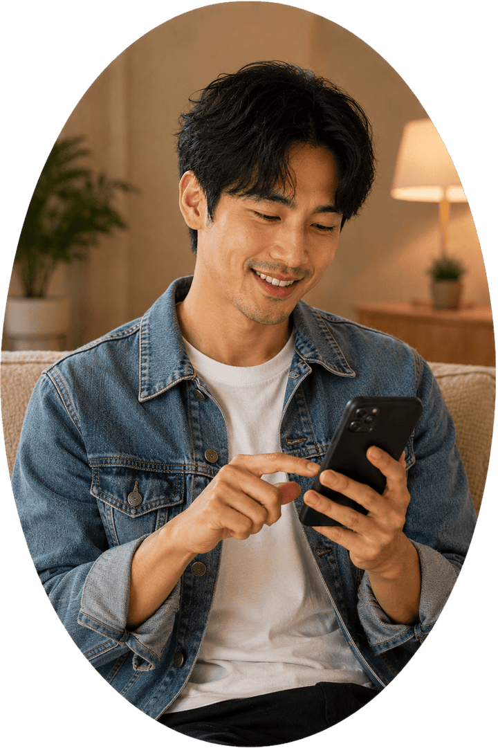 A young Asian man in a denim jacket smiles warmly while texting and using a social discovery application on his smartphone on a cozy sofa