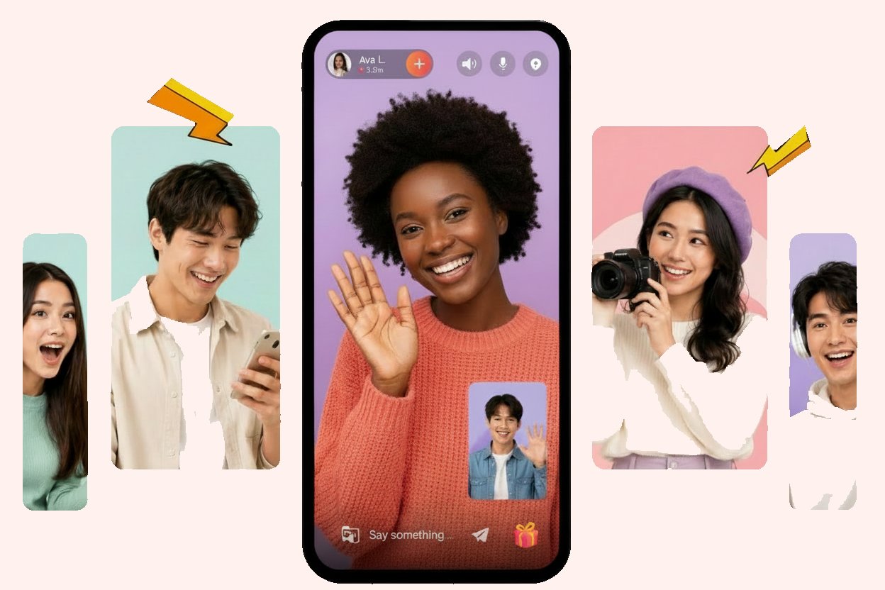 شاشة هاتف ذكي تعرض واجهة مكالمات الفيديو في LivCam مع ملفات مستخدمين متنوّعين يتفاعلون عبر الإنترنت