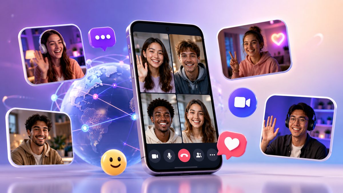 People connecting through live video chats on a global social networking platform, representing real-time online communication and social discovery in 2026