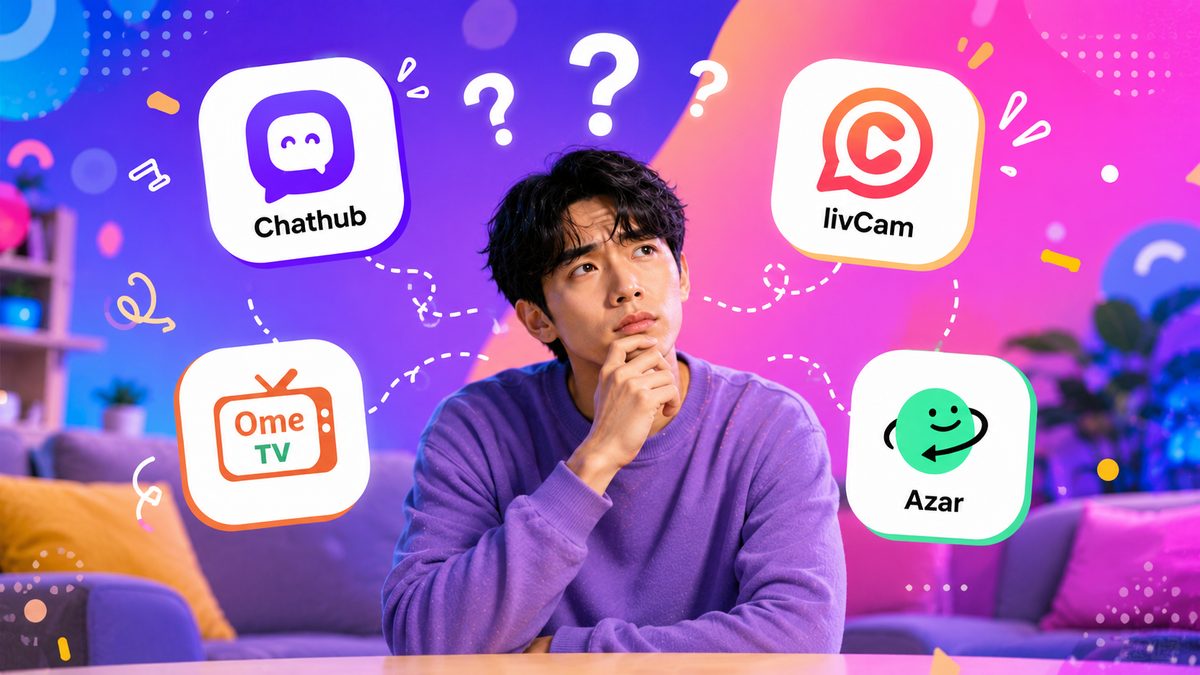 A user comparing popular video chat apps including Chathub, LivCam, OmeTV, and Azar while deciding which platform to use for meeting new people online