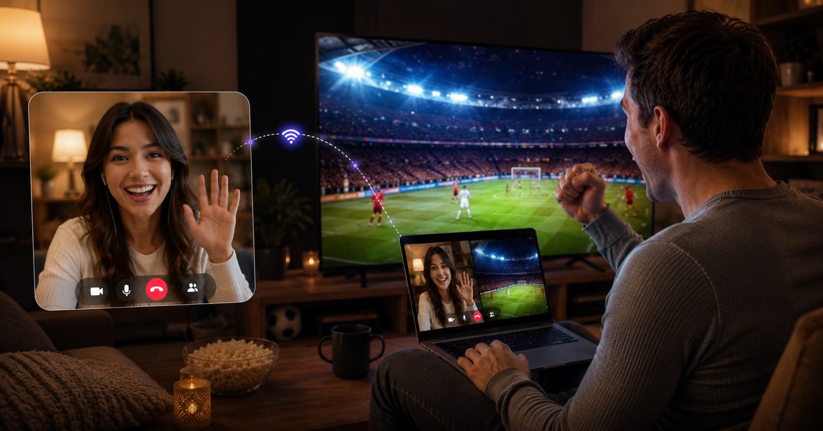 Man watching a live football match at home while enjoying a 1-on-1 video chat with a friend, sharing reactions and excitement during the 2026 World Cup