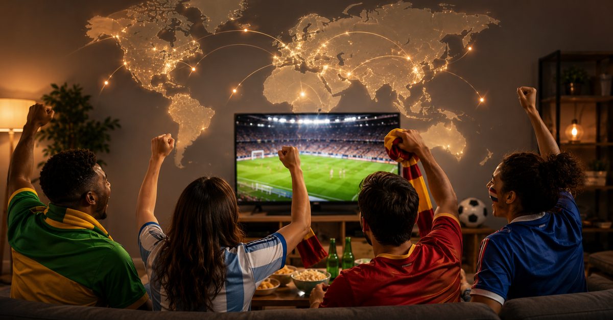 Diverse football fans from around the world celebrating together while watching a World Cup match, symbolizing global connection through the universal language of football