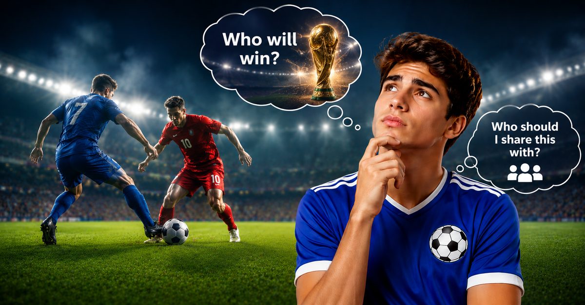 Football fan thinking about match outcomes and sharing World Cup moments with others