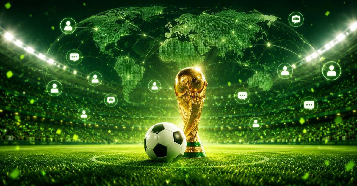 World Cup trophy on a football field with global connection icons, representing worldwide conversations among football fans