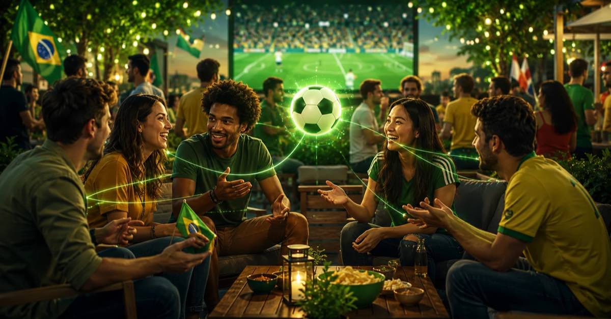 Group of football fans watching the World Cup together, sharing conversations and celebrating the match