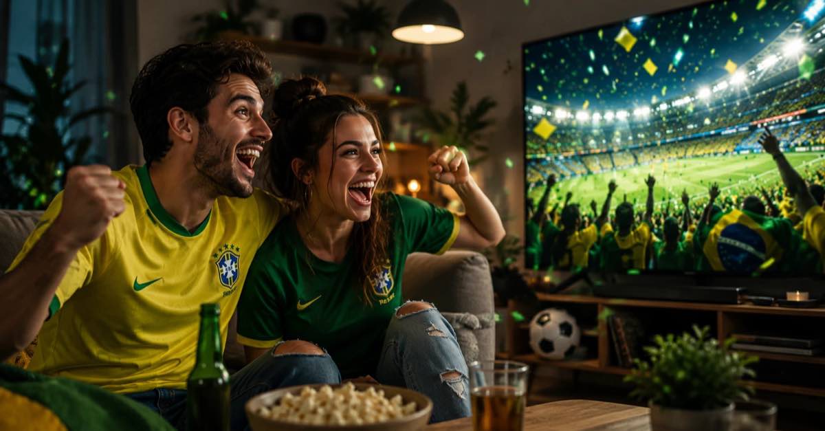 Smiling couple watching a World Cup match on TV, celebrating and laughing together during a football viewing party